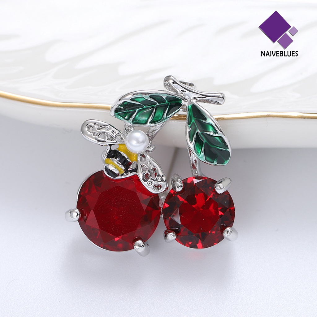&lt; Naiveblues &gt; Cherry Bros Imitasi Kristal Merah Buah Hijau Palsu Mutiara Lebah Hadiah Wanita Kecil