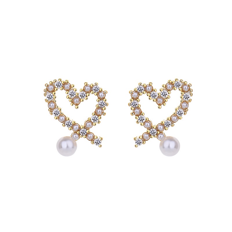 Anting Tusuk Mutiara Zirkon Elegan Untuk Wanita Hypoallergenic Fashion Heart Earring Perhiasan Aksesoris