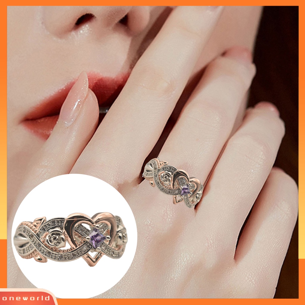 [EONE] Wanita Cincin Berlian Imitasi Mengkilap Hias Electroplating Geometris All-match Dekorasi Cubic Zirconia Desain Bunga Mawar Ladies Heart Ring Jewelry Untuk Pakaian Sehari-Hari