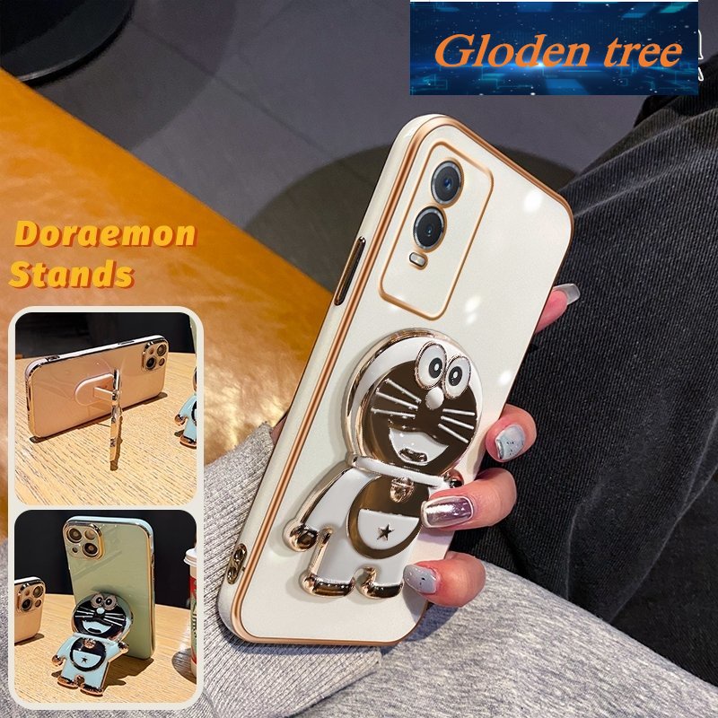 Gloden tree Casing Untuk vivo Y76s Y74s Y76 5G Case Fashion Kartun Doraemon Lipat Stand Phone Case Electroplating Shockproof Phone Holder Case