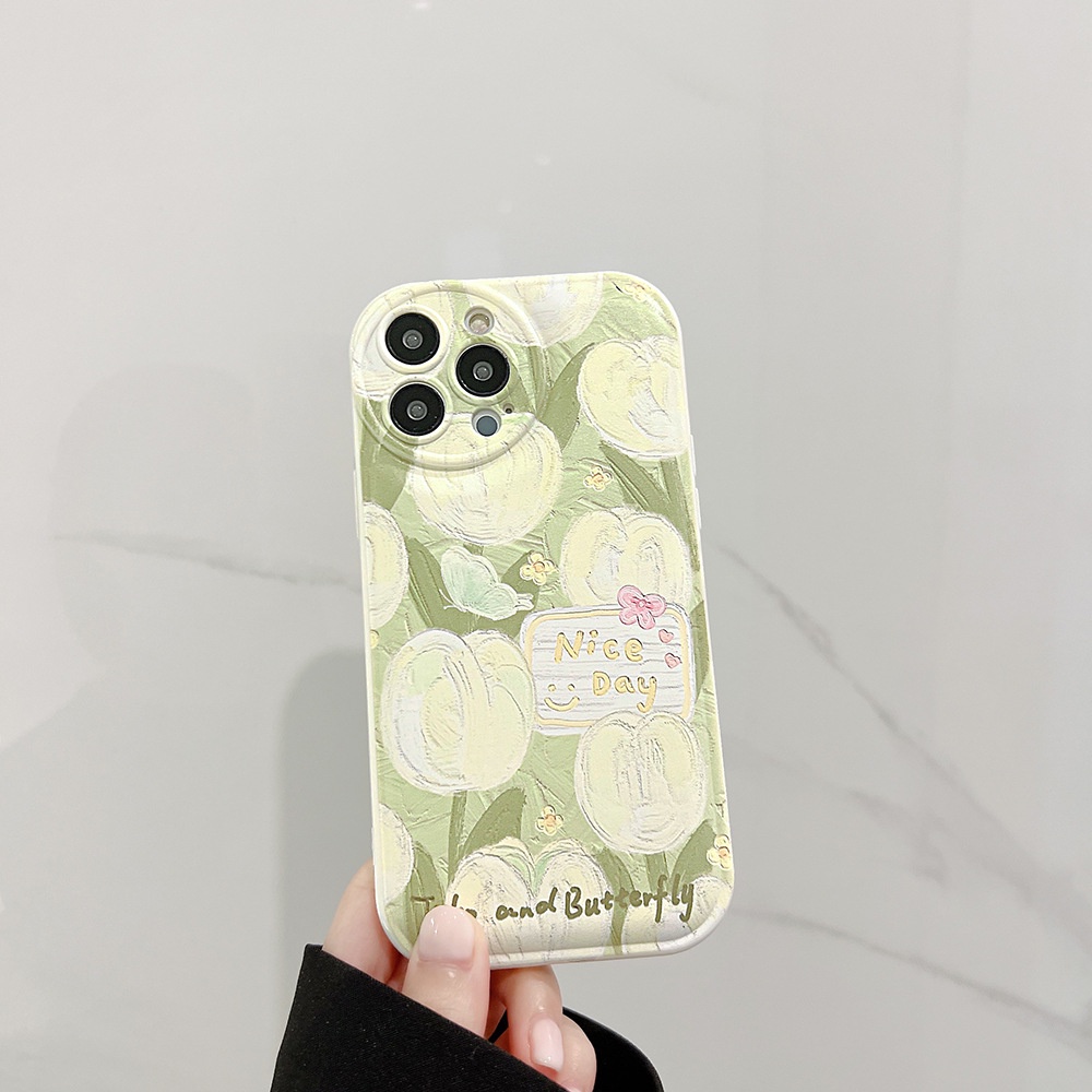 IPHONE Musim Panas Hijau Tulip Lukisan Minyak Bulat Pelindung Lensa Kamera Lembut Ponsel Case Cover Untuk Iphone7 8 PLUS X XR XS 11 12 13 14 PRO MAX SE 2020