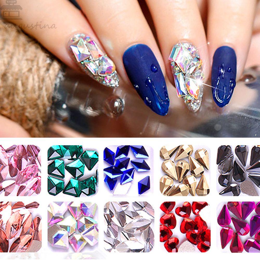 Agustina Nail Art Dekorasi Merah 12grid/kotak Biru 3D Warna-Warni Bor Kuku DIY Shiny Glitter Perhiasan Bulat Manik-Manik Flatback Berlian Imitasi