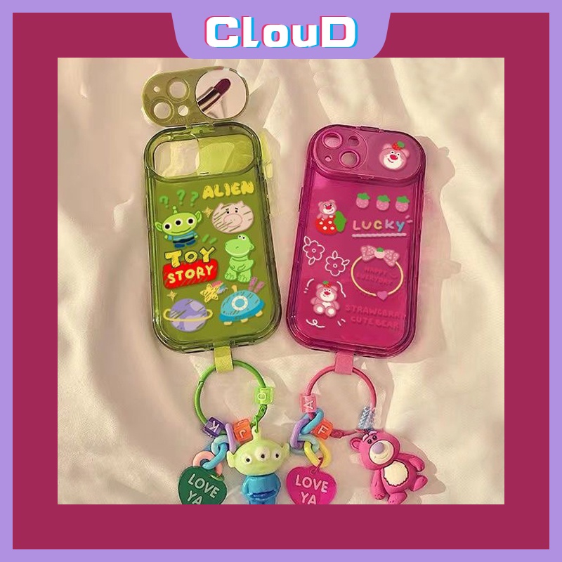 IPHONE Flip Make Up Mirror Phone Case Kompatibel Untuk Iphone11 12 14 13 Pro MAX XR 7 8 Plus X XS MAX SE 2020 Disney Toy Story Cute Strawberry Bear Losto Alien Soft Back Cover