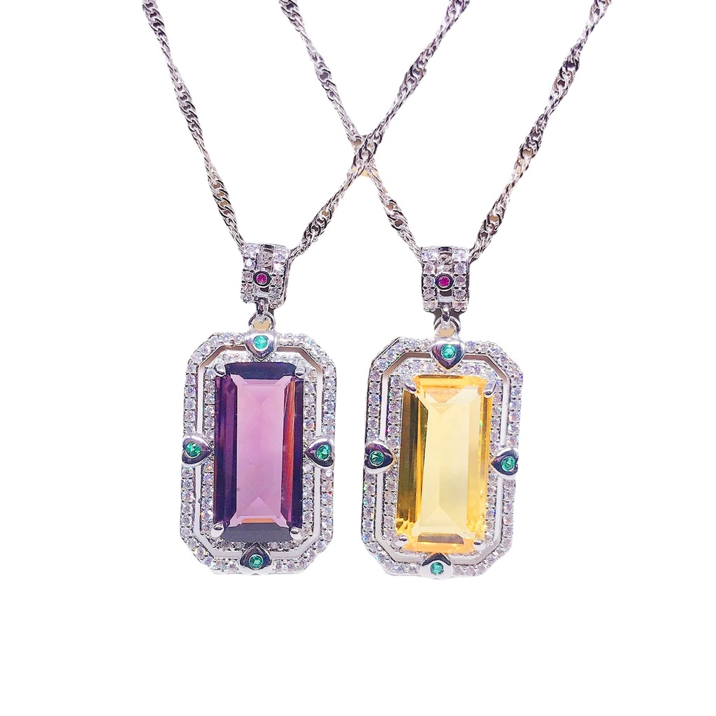 Goldkingdom Fashion Perhiasan Aksesoris Ready Stock Wushi Merek Liontin Brazil Tourmaline Permata Topaz Kalung Amethyst Persegi Panjang Warna Harta Gadis