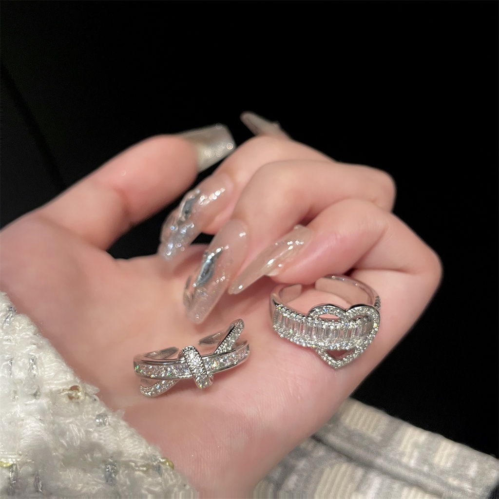 Mewah Zirkon Jantung Cincin Perak Kristal Silang Rings Untuk Wanita Fashion Perhiasan Y2K Aksesoris