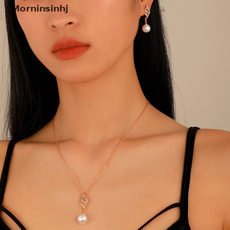 Mornin 3 Pcs/Set Mutiara Imitasi Liontin Kalung Anting Set Wanita Berlian Imitasi Pernikahan Perjamuan Pesta Perhiasan Set Aksesoris Hadiah id