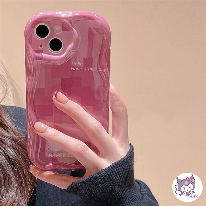 IPHONE Kompatibel Untuk Iphone14 13 12 11 Pro Max SE 2020 X XR Xs Max7 8 6 6s Plus 3D Cream Wave Edge Fashion Ins Pink Plaid Phone Case Lembut TPU Penutup Pelindung Kamera