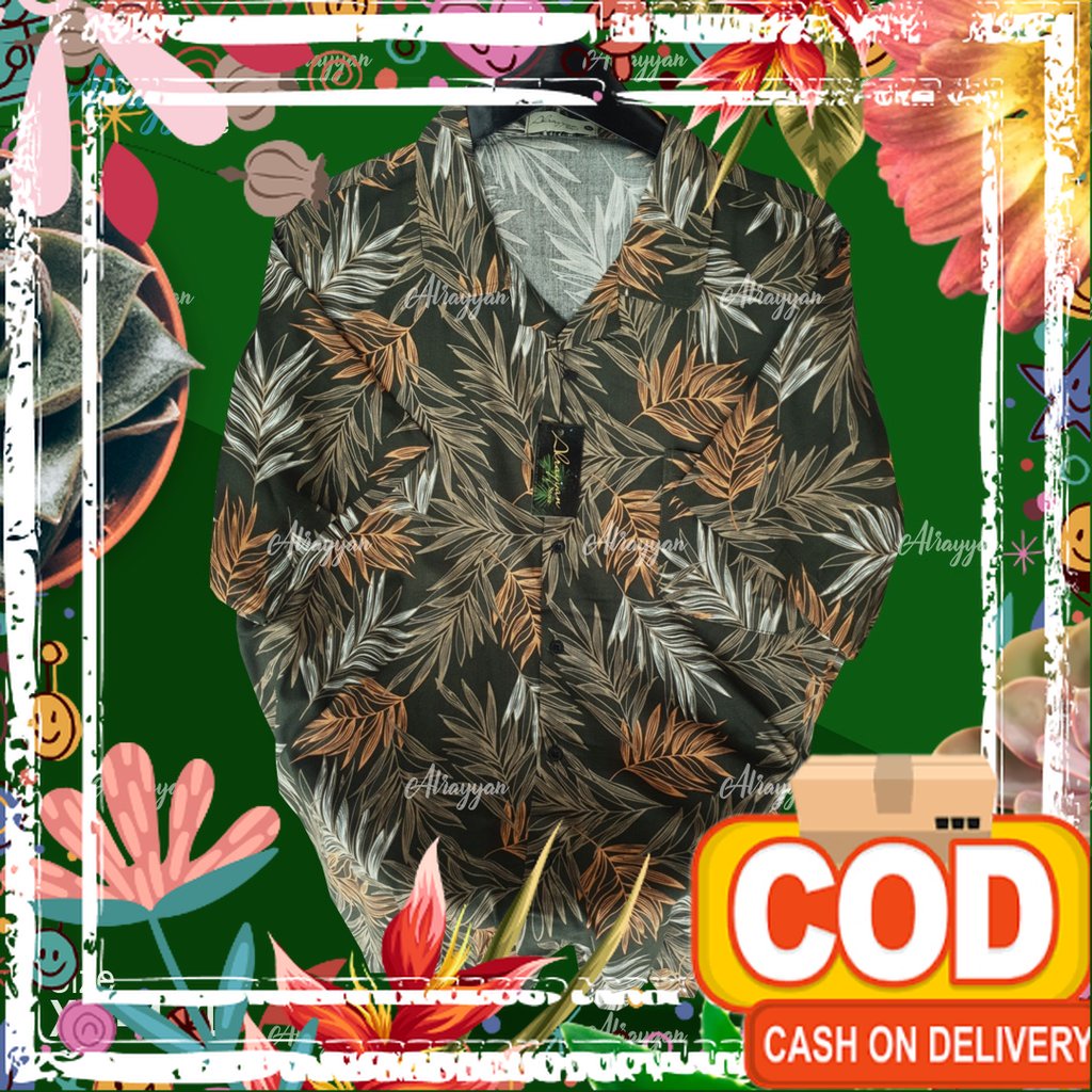Alrayyan Store - Kemeja Daily Pantai Lengan Pendek Full Print Motif Daun Hawaii Printing Casual Pria