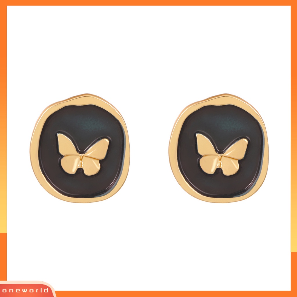 [EONE] 1pasang Ear Studs Retro Gaya Perancis Menjatuhkan Minyak Tidak Teratur Bulat Hadiah Kepribadian Hitam Emas Kupu-Kupu Wanita Anting-Anting Fashion Perhiasan