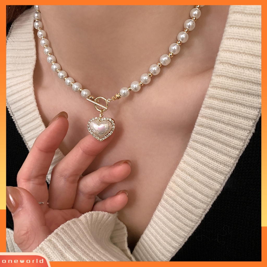 [EONE] Klavikula Kalung Elegan Jantung Shell Liontin Manik Manis Mengkilap Hias Hadiah Wanita Besar Putih Mutiara Imitasi Kalung Pesta Perhiasan