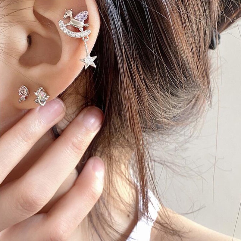 Roselife Keren Manis S925 Perak Biru Pink Kristal Hati Beruang Bintang Stud Anting-Anting Untuk Wanita Perempuan Korea Double-end Screw Earring Ear Cartilage Piercing Ear Jewelry Accessories 1pc