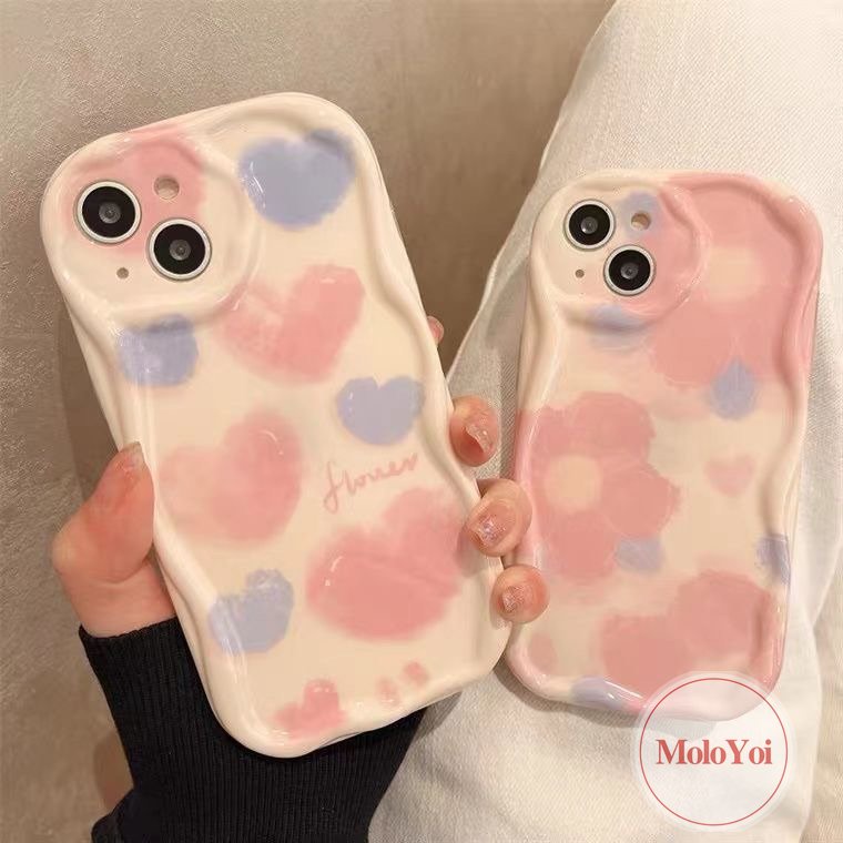 IPHONE Shockproof Case Kompatibel Untuk Iphone11 14 13 12 Pro Max 7Plus XR 6s 6 7 8 Plus X XS Max SE 2020 Ins Tinta Cinta Hati Bunga 3D Wavy Curved Edge Glossy Airbag Soft Cover