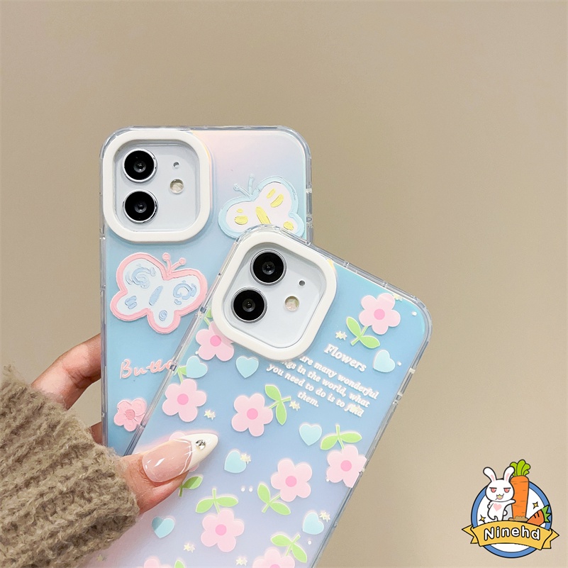 Gradient Laser Flowers Butterfly iPhone Case Kompatibel Untuk Iphone14 13 12 11 Pro Max X Xr Xs Max 8 7 6 Plus SE 2020 Bening Shockproof Silikon Ponsel Soft Case Cover Pelindung