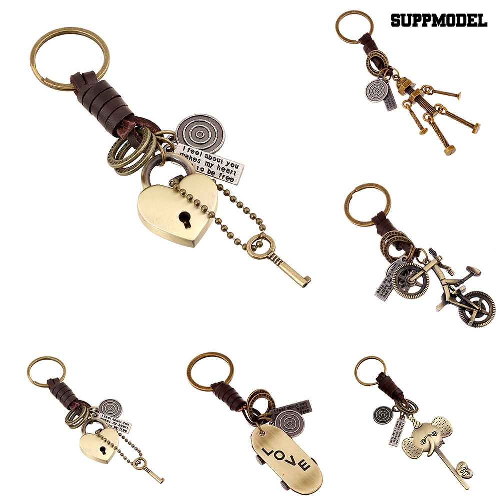 [SM Auto] Pria Punk Gantungan Kunci Sepeda Robot Rusa Liontin Kulit Sapi Retro Key Ring Tas Charm