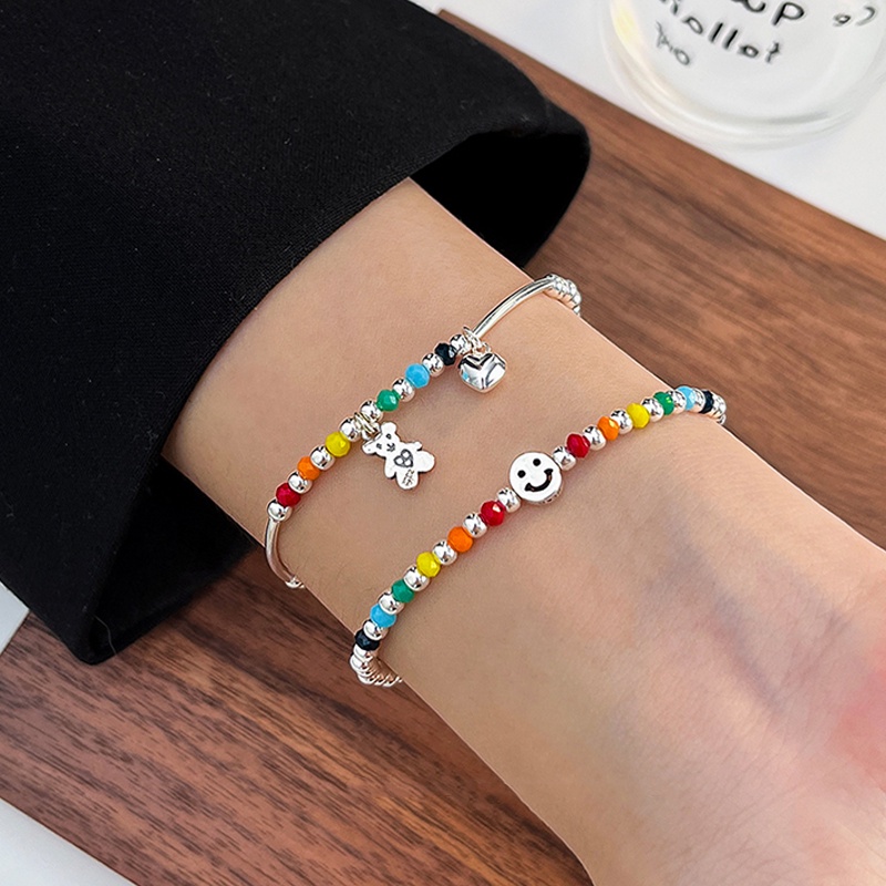 Papaozhu Handmade Rainbow Beads Smiley Face Gelang Untuk Wanita Perempuan Korea Warna-Warni Manik-Manik Hati Beruang Gelang Untuk Persahabatan Perhiasan Rantai Pergelangan Tangan Elastis