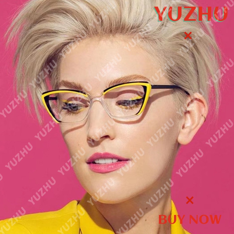 (YUZHU) Western Fashion Dazzling Contrast Anti Blue Light Eyeglasses Untuk Wanita Retro Fashion TR90 Cat Eye Eyeglasses