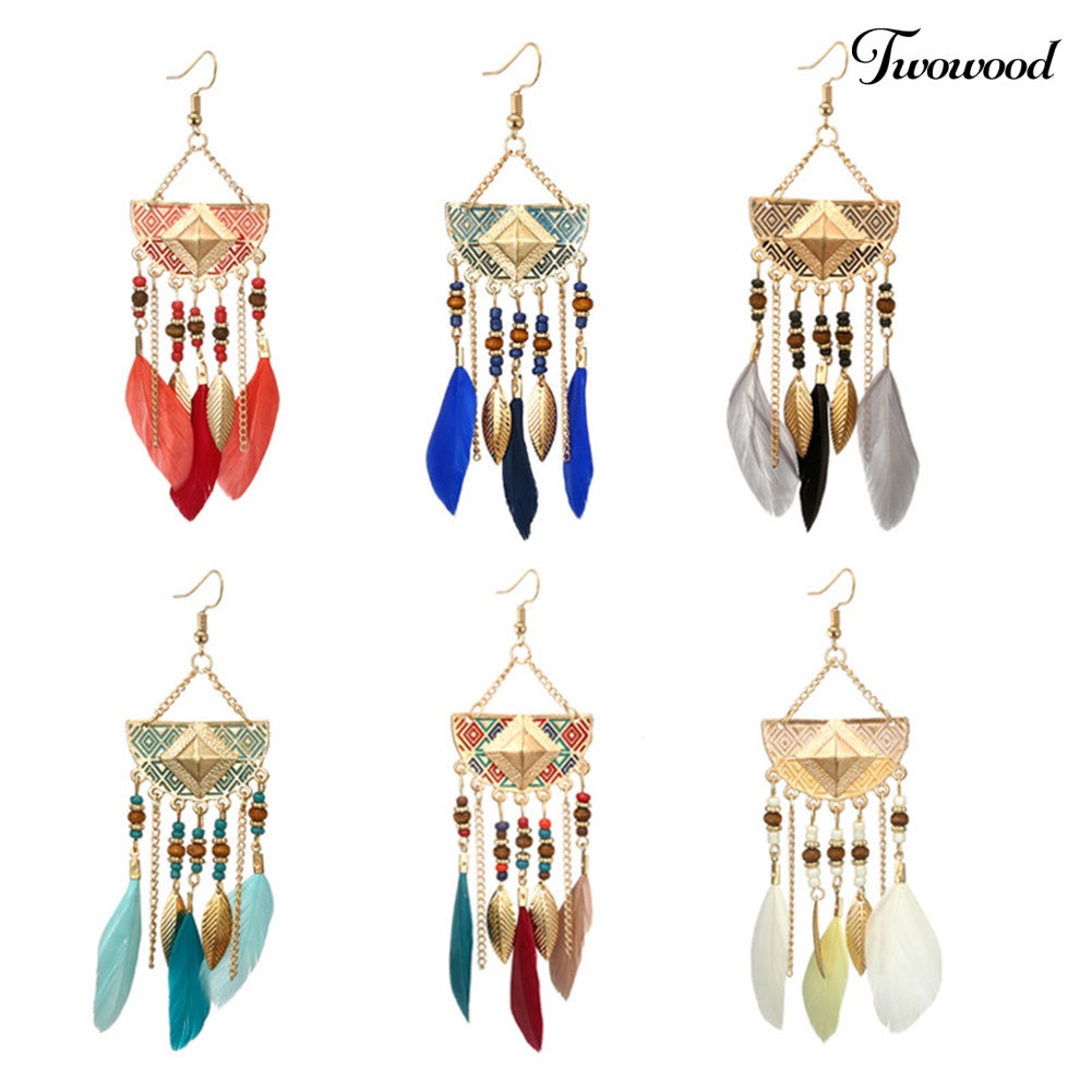 Twowood Boho Geometris Bentuk Kipas Rumbai Manik-Manik Bulu Anting Statement Lady Ear Hooks