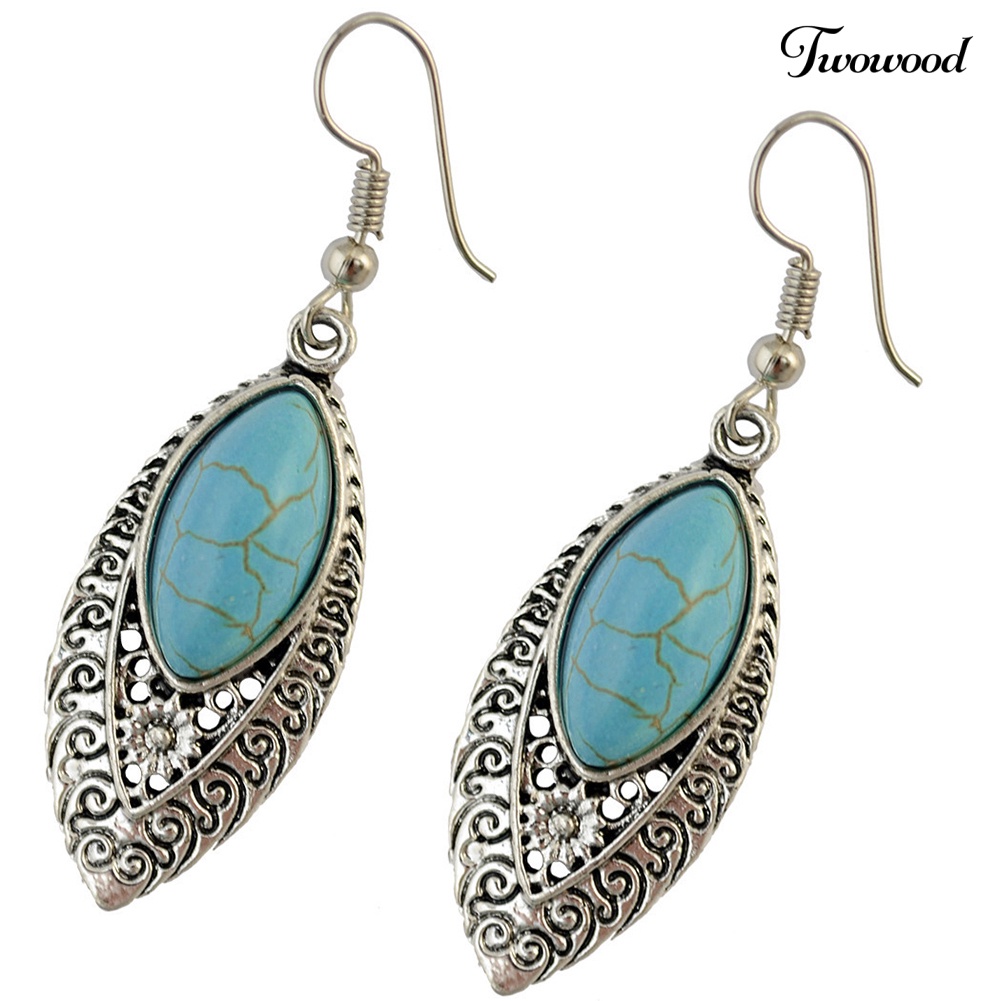 Twowood Bohemian Hias Artificial Turquoise Kerawang Ukir Drop Menjuntai Kait Anting