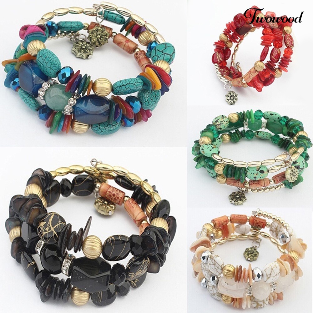 Twowood Women's Fashion Bohemian Multilayer Alloy Resin Beads Gelang Dekorasi Hadiah