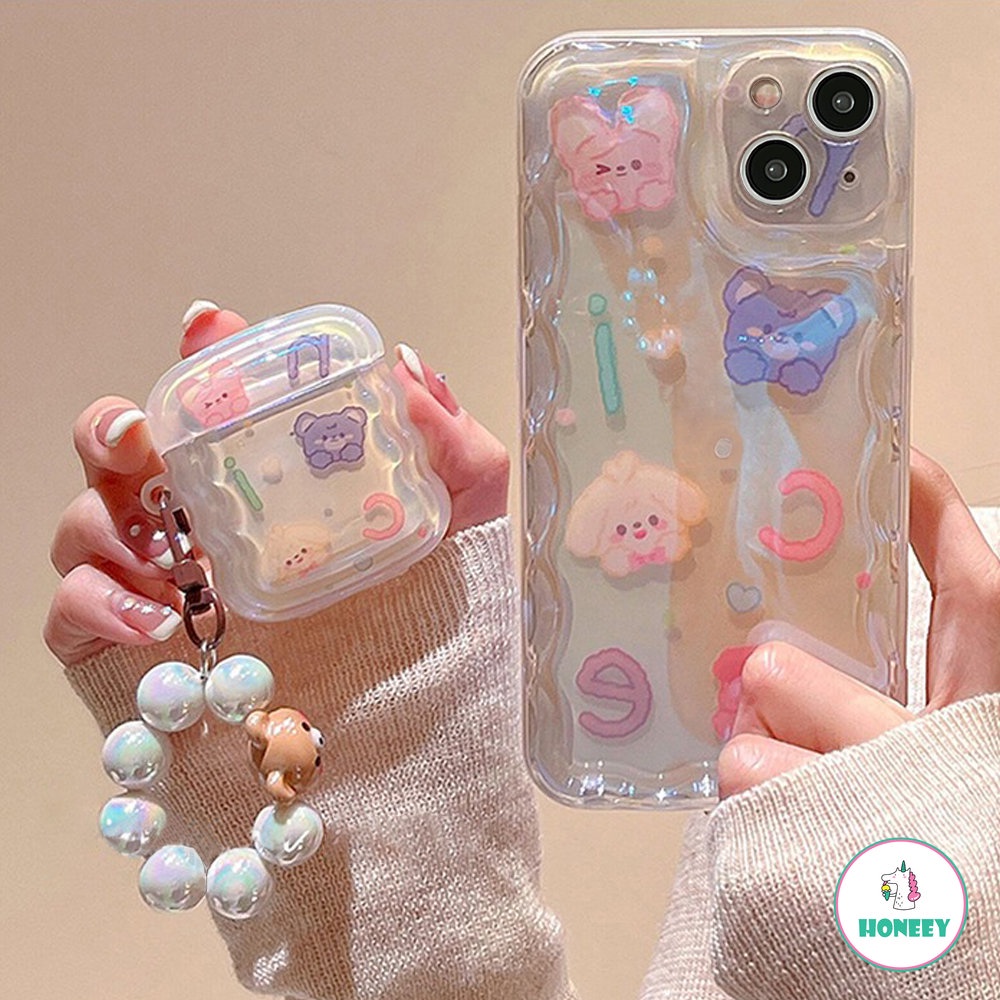 IPHONE Fashion Kartun Hewan Case Kompatibel Untuk Iphone11 12 13 14 Pro Max Wireless Bluetooth Untuk Airpods 1 2 3 Pro1 2 Dengan Gelang Beruang Shockproof Soft Cover