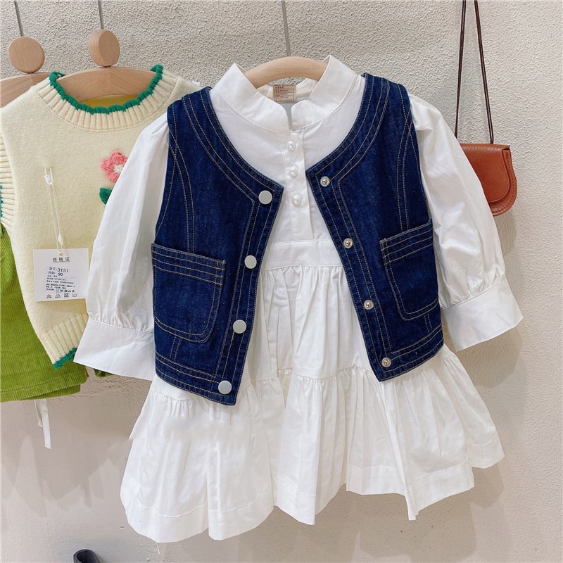[Cocobaby] Setelan Anak Cewek Set Dress Putih + Rompi Jeans Stelan Cantik Anak Perempuan