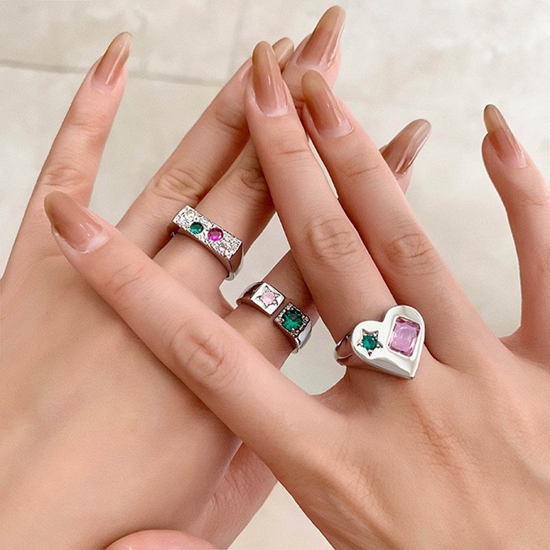 S925 Perak Cincin Terbuka Warna Zirkon Hati Bintang Jari Telunjuk Rings Perempuan