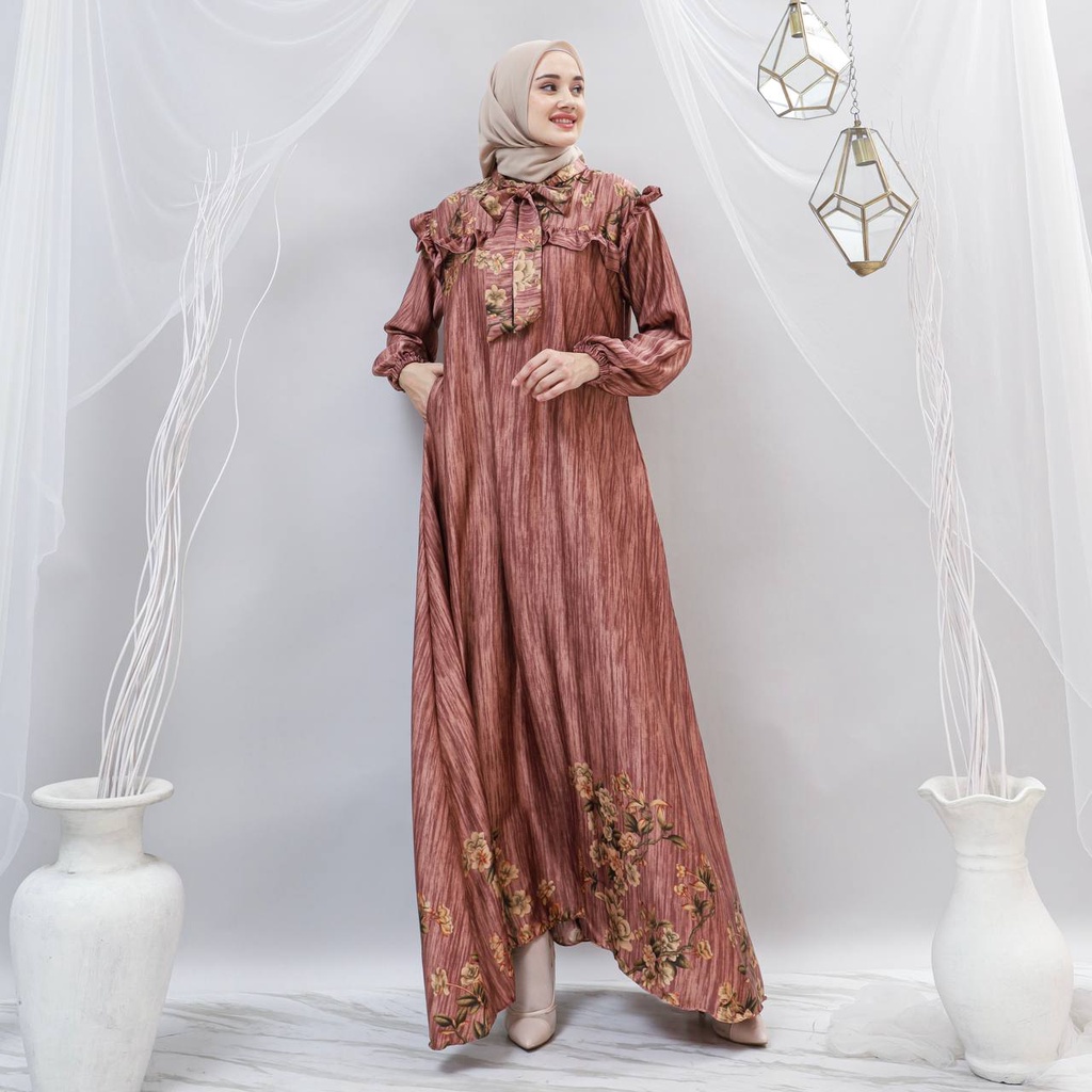 Ulya Dress - Gamis Terbaru Diora Silk Dress Wanita Lengan Panjang Ruffle Maxidress Kekinian LD 110 cm