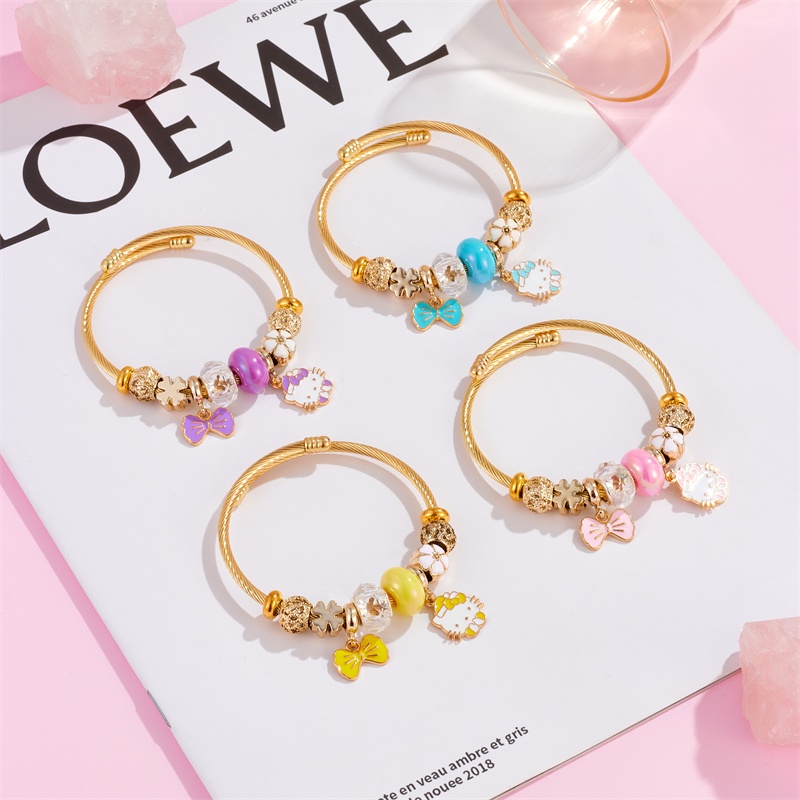 Xiaoboacc Gelang Emas Anti Karat Wanita Perempuan Kartun Yang Indah KT Kucing Open Beads Bangles