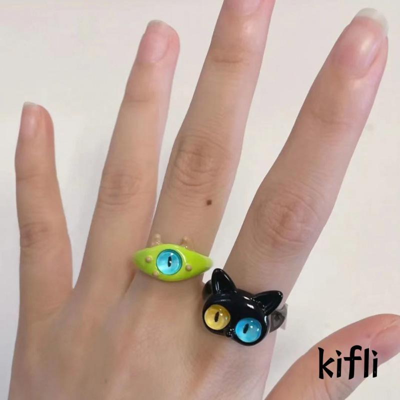 [KD] Cincin Pasangan Pacar Mata Besar Manis Keren Kartun Indah Lucu Kucing Hitam Cincin Monster Kecil