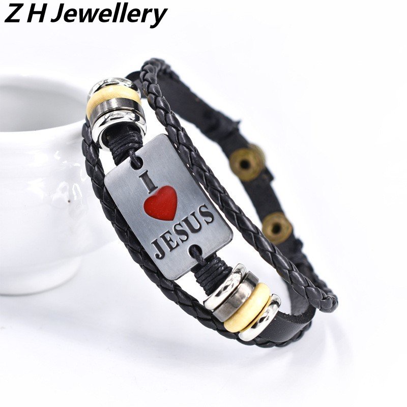 [Z H Perhiasan] Vintage Rock I Love Jesus Gelang Kulit Pria Dan Wanita Fashion Stainless Steel Cinta Pasangan PU Gelang Punk Pesta Perhiasan Aksesoris