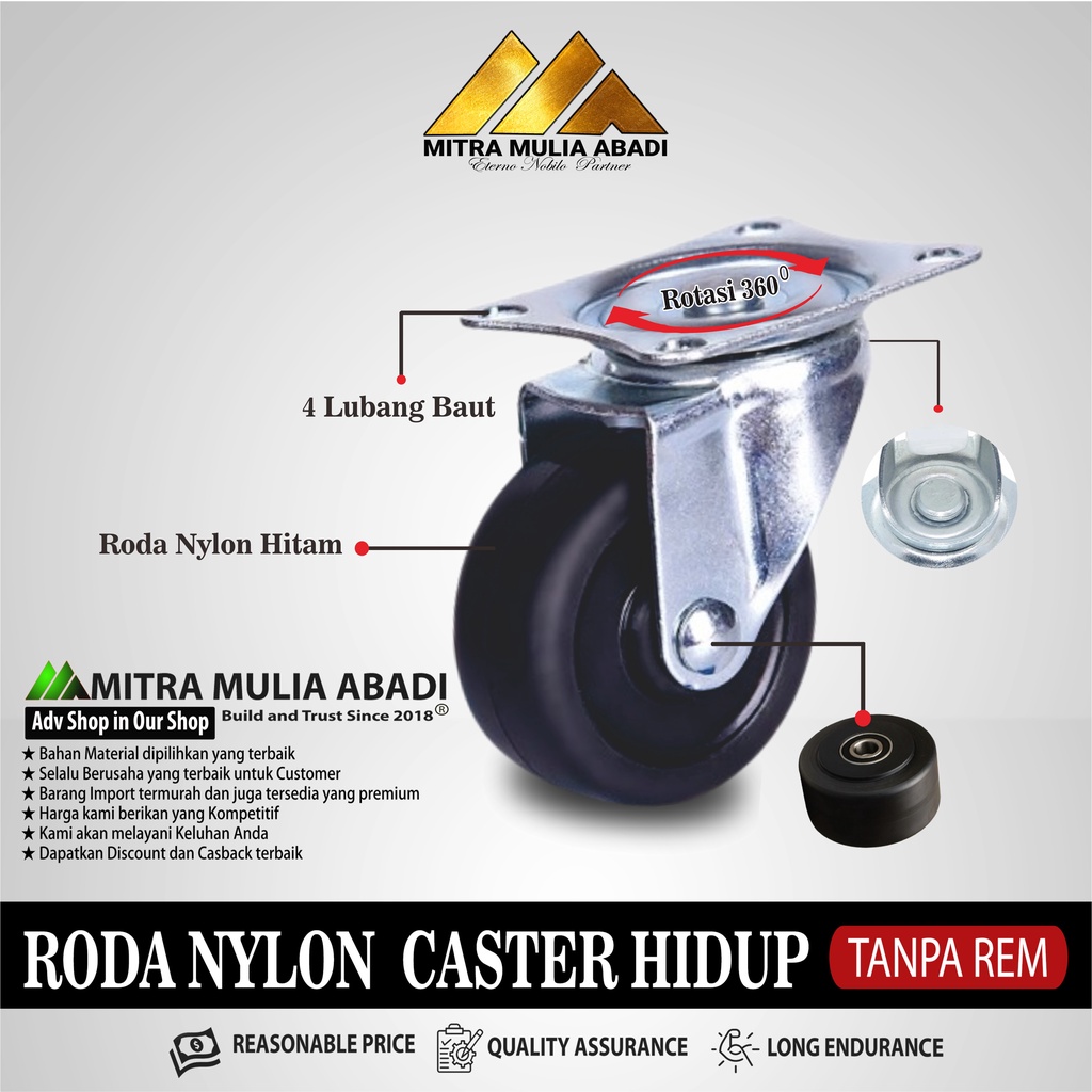 Roda Caster Hitam  Roda Nylon Roda Koper Hidup Tanpa Rem Per PCS