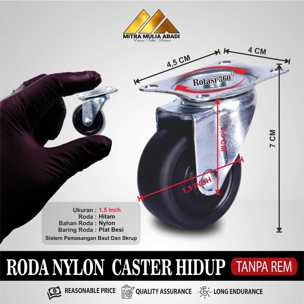 Roda Caster Hitam  Roda Nylon Roda Koper Hidup Tanpa Rem Per PCS