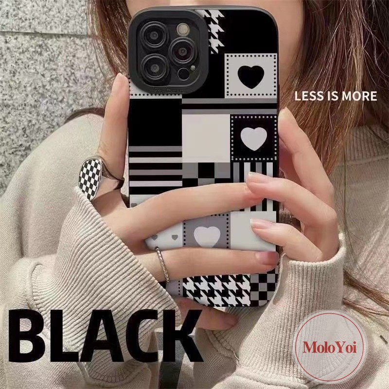 IPHONE Casing Pola Penyambungan Kisi Cinta Hati Berlian Hitam Putih Kompatibel Untuk Iphone11 14 13 12 Pro Max8 7 Plus XR X XS MAX 7Plus Stiker Tekstur Kulit Mewah Soft Cover