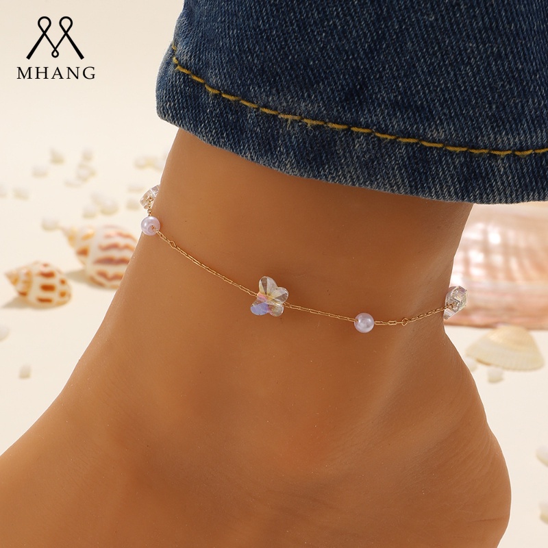 Gelang Kaki Kupu-Kupu Kristal Bening Tidak Teratur Transparan Gelang Kaki Mutiara Persegi