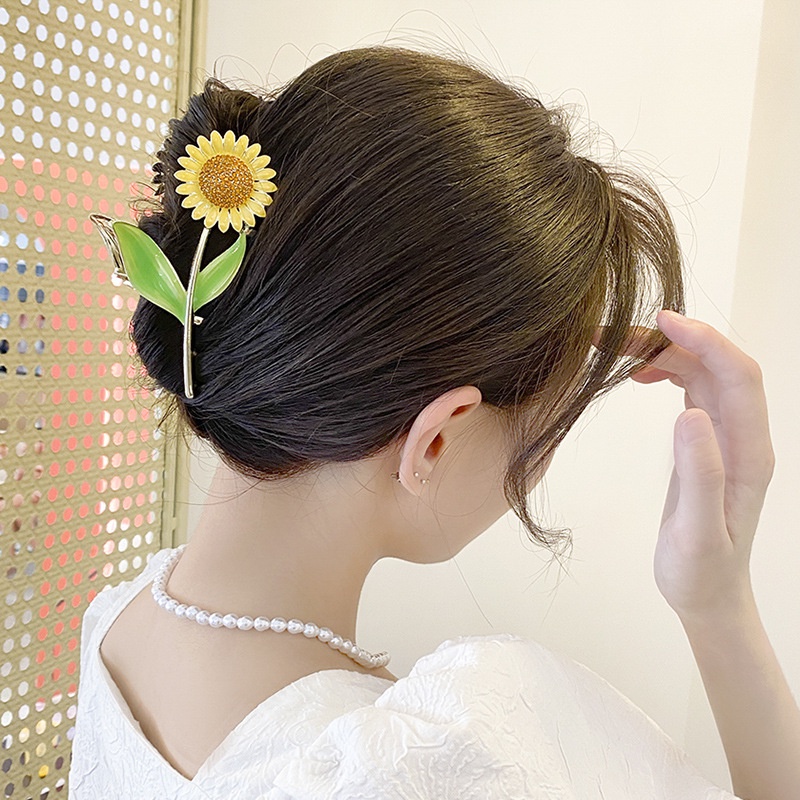 Korean Personalized Alloy Sunflower Hair Claw/Klip Hiu Logam Mawar Elegan/Hiasan Kepala Aksesoris Rambut Wanita