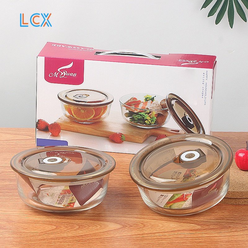LCX Crisper Kaca Kotak Makan Siang Tertutup Penutup Makanan Insulasi Tahan Panas Kotak Penyimpanan Lemari Tetap Sega