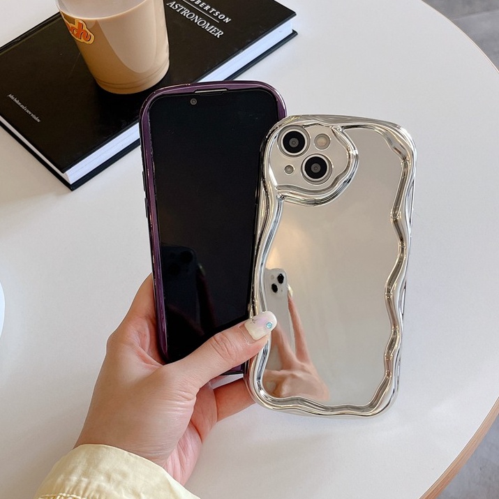 【Cream Wave】Pretty Mirror Silver Electroplate Phone Case for IPhone 11 13 12 14 PRO Max Make Up Phone Case for Women Girl