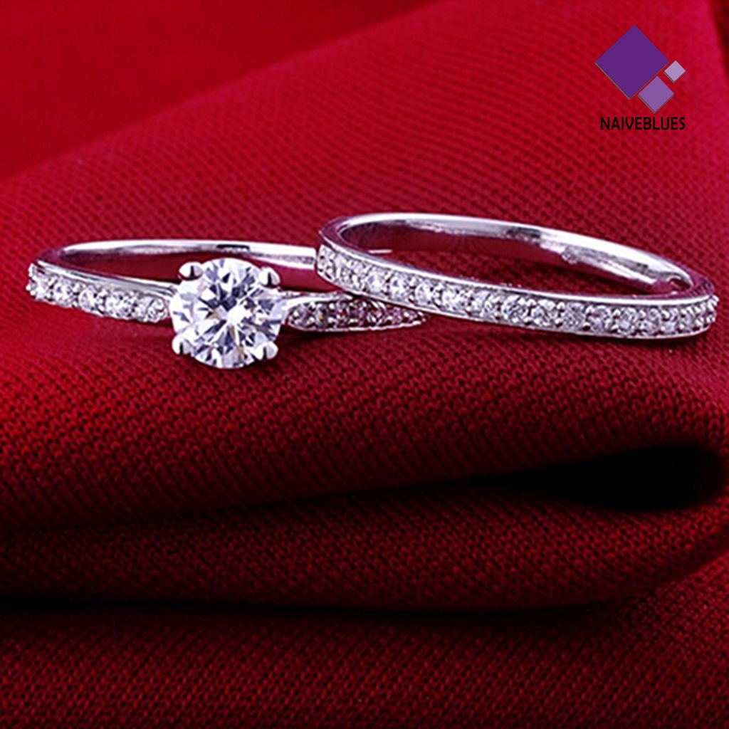 &lt; Naiveblues &gt; 2Pcs/Set Cincin Shiny Cubic Zirconia Plated Silver Cincin Pasangan Romantis Untuk