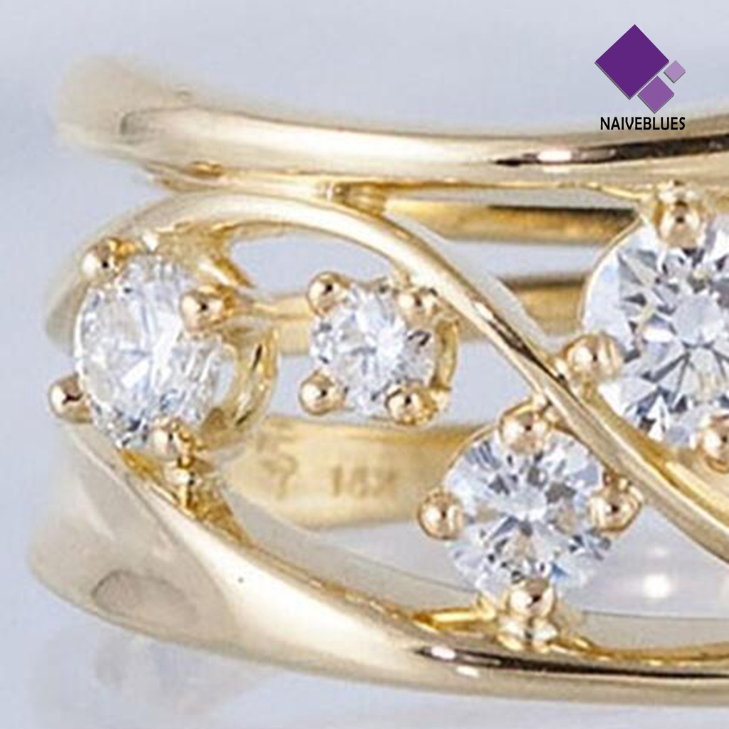 &lt; Naiveblues &gt; Cincin Jari Wanita Anti Tarnish Berongga Garis Bergelombang Geometris Zirconia Ring Engagement