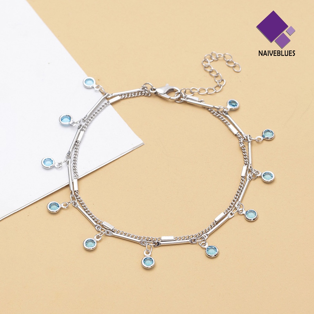 &lt; Naiveblues &gt; Gelang Kaki Wanita Dua Lapis Perhiasan Batu Imitasi Biru Electroplating Anklet Untuk