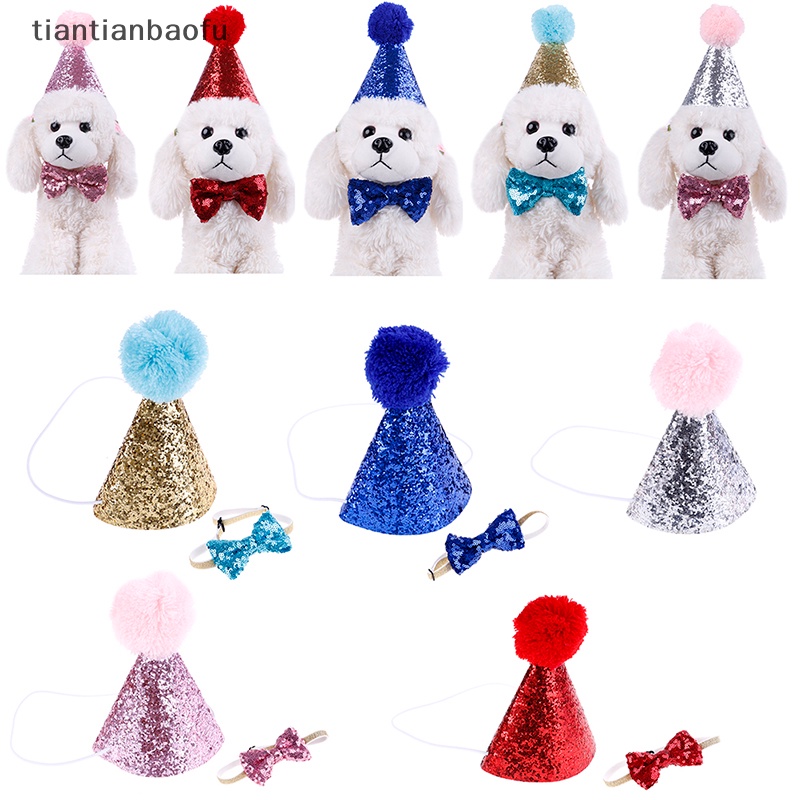 [tiantianbaofu] Pet cat dog happy birthday hat party crown &amp; tie soft cap puppy Hiasan Kepala  Butik