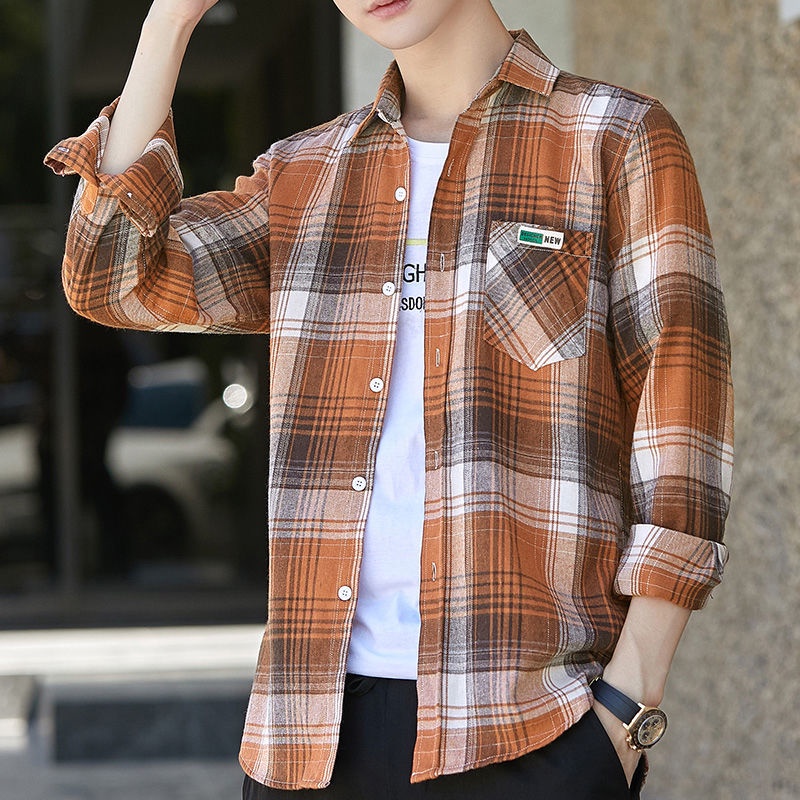 Checkered men's shirt  men's spring casual Korean version shirt versatile shirt