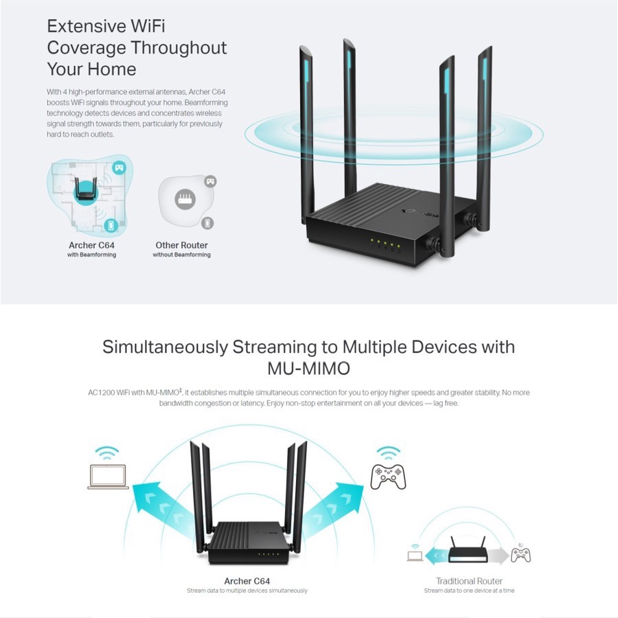 TPLINK Archer C64 AC1200 5G Dual-Band Full Gigabit Router Wireless