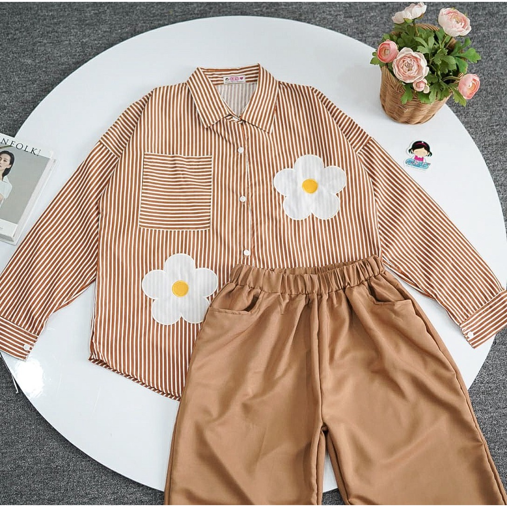 BEFAST - ZFS OOTD WANITA KEMEJA DISN / BILVA FLOWER SHAKILA SET / Kemeja Lengan Panjang Wanita / OOTD Wanita Kerja Casual / Pakaian Wanita Remaja Trendy / Hem Stripe Motif Bunga Terbaru / Outfit Formal Wanita