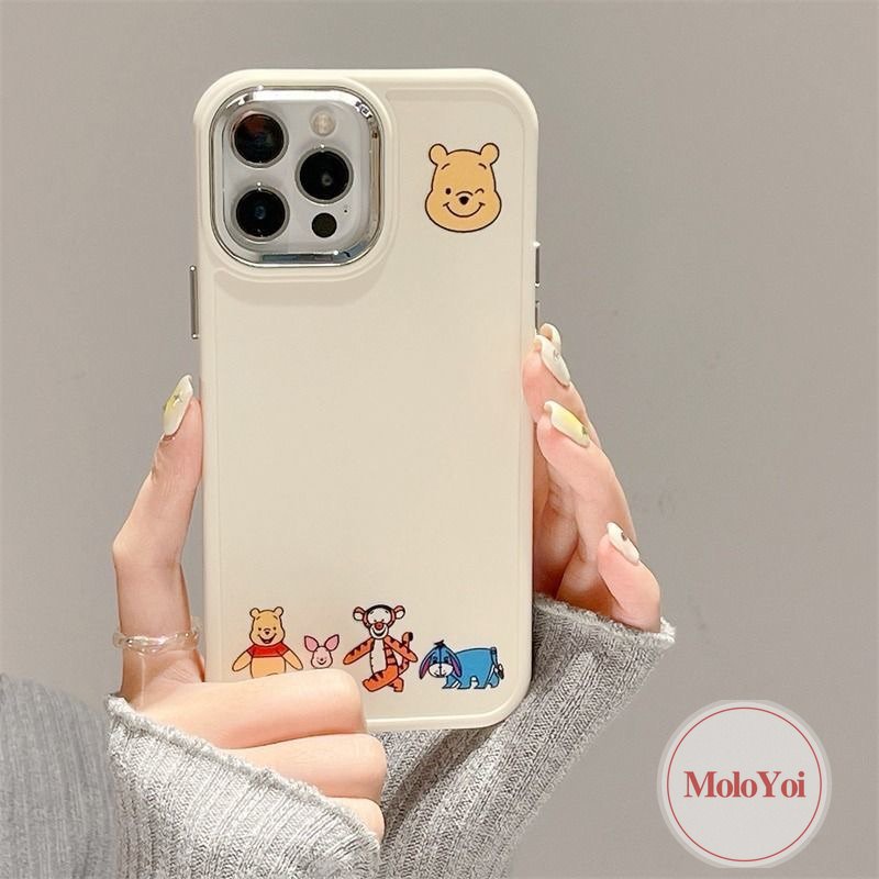 IPHONE Caroon Cute Disney Mickey Minnie Mouse Case Kompatibel Untuk Iphone11 12 13 14 Pro MAX X XR 7 8 Plus XS MAX Pasangan Winnie The Pooh Bear Mewah Plating Bingkai Lensa Metal Soft Cover