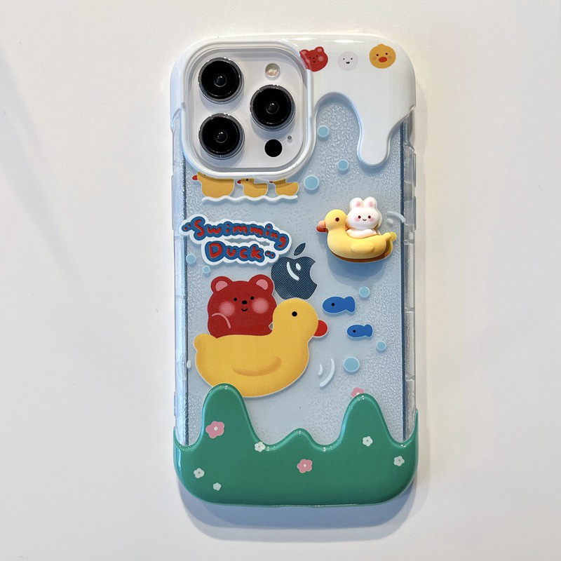 【3D Ice Cream】Summer So Cute Clear Yellow Duck Soft Case IPhone 7 8 Plus XR XS Max 11 12 13 14 Pro Max 14 Plus for Women Girl Gift Cartoon Lovely