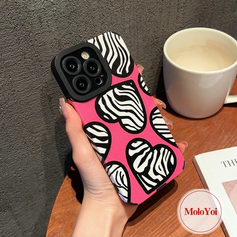 Casing Silikon Shockproof Untuk iPhone XR XS X Max8 7 Plus 7Plus 11 13 14 12 Pro Max Tekstur Kulit Mewah Motif Zebra Cinta Hati Ponsel Lembut Tpu Cover