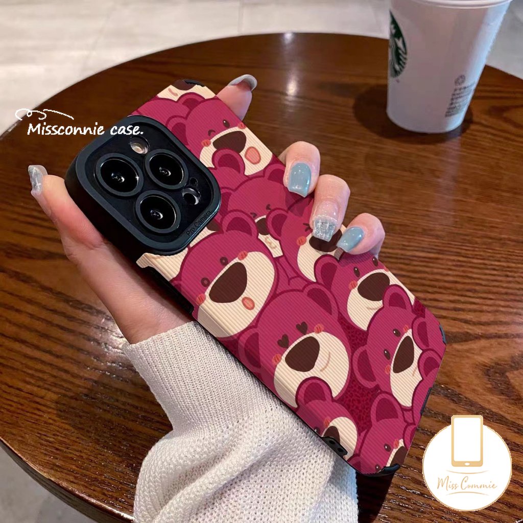 IPHONE Casing Ponsel Manyo Kartun Tekstur Kulit Mewah Kompatibel Untuk Iphone11 14 13 12 Pro MAX X XR XS Max7 8 Plus Cute Strawberry Bear Shockproof Silicone Soft Cover