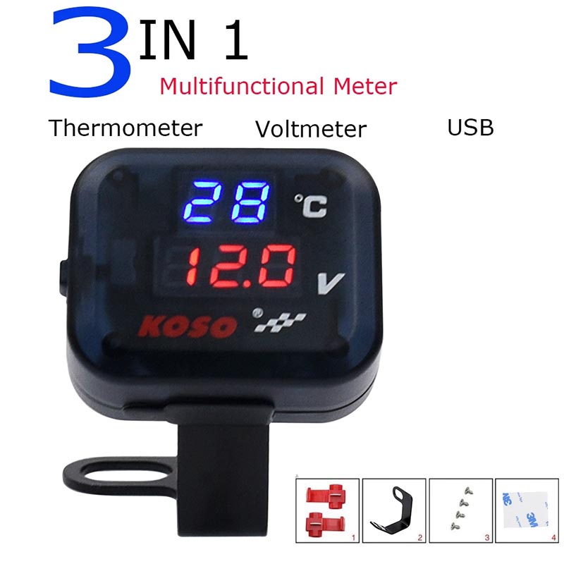 Volt Meter Koso 3 in 1/Voltmeter 3 in 1 Koso Usb Anti Air Original/Voltmeter 3in1 Charger USB 2A Breket Spion/Voltmeter Koso 3 In 1 USB Charger Universal Semua Motor Anti Air Original Termometer Digital Jam Suhu Tegangan Aki Vario Pcx Ninja Cbr