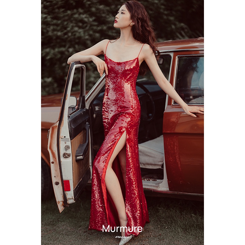 [Solani Murmere Atelier] Suspender Merah Payet Pengantin Gaun Pengantin Ringan Mewah High-End Gaun E